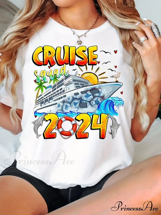 Cruise Print Women’s Spring & Summer Short Sleeve Tee for Crew Neck T-shirt WHITE / S