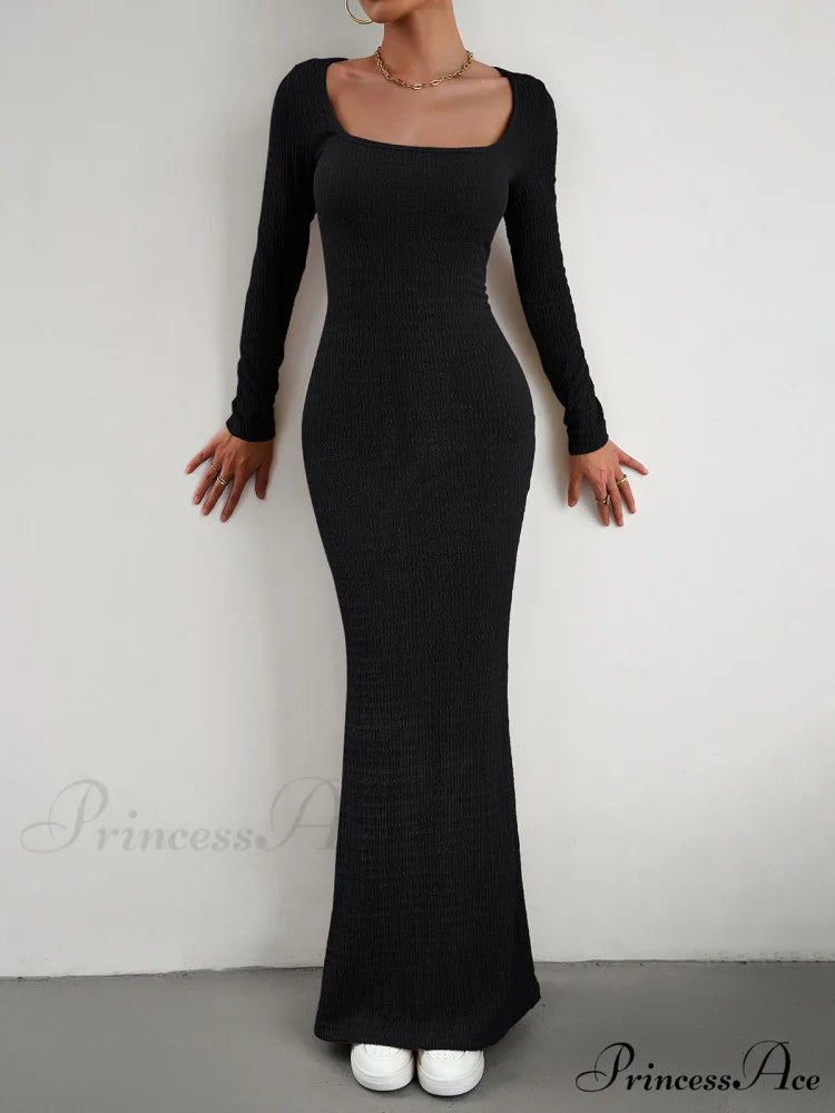Crush Textured Long Trendy Sleeve Long Dress