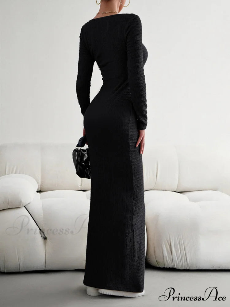 Crush Textured Long Trendy Sleeve Long Dress