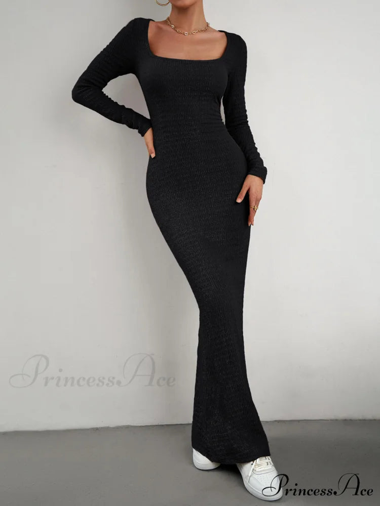 Crush Textured Long Trendy Sleeve Long Dress Black / S