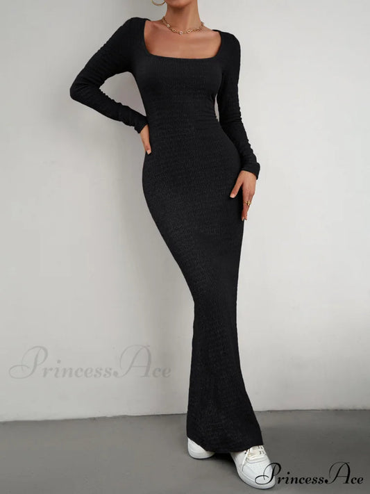 Crush Textured Long Trendy Sleeve Long Dress Black / S