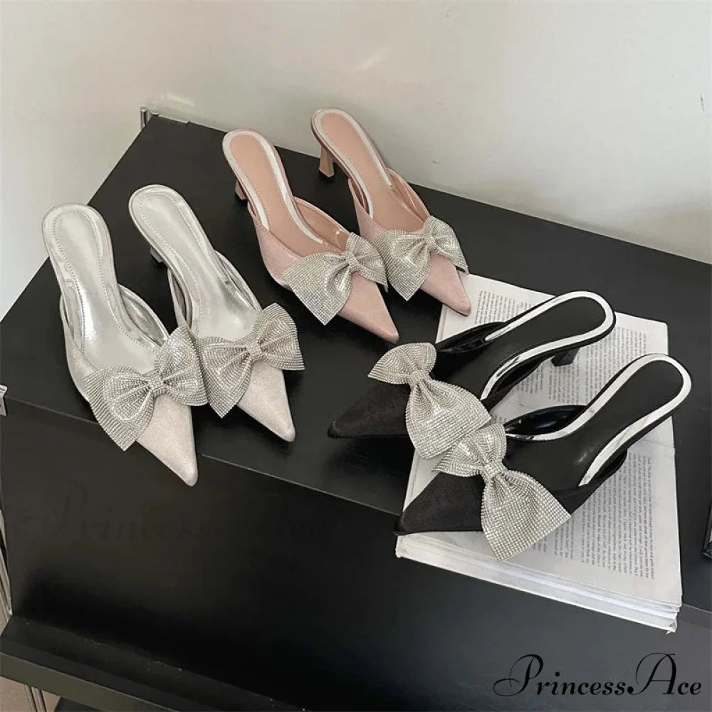 Crystal Butterfly-knot Pointed Elegant Thin Summer Sandals Low Heel Pump
