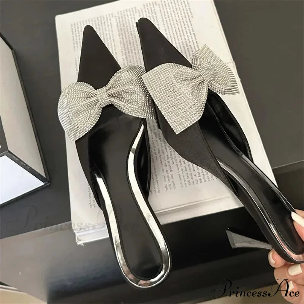 Crystal Butterfly-knot Pointed Elegant Thin Summer Sandals Low Heel Pump Black / 35