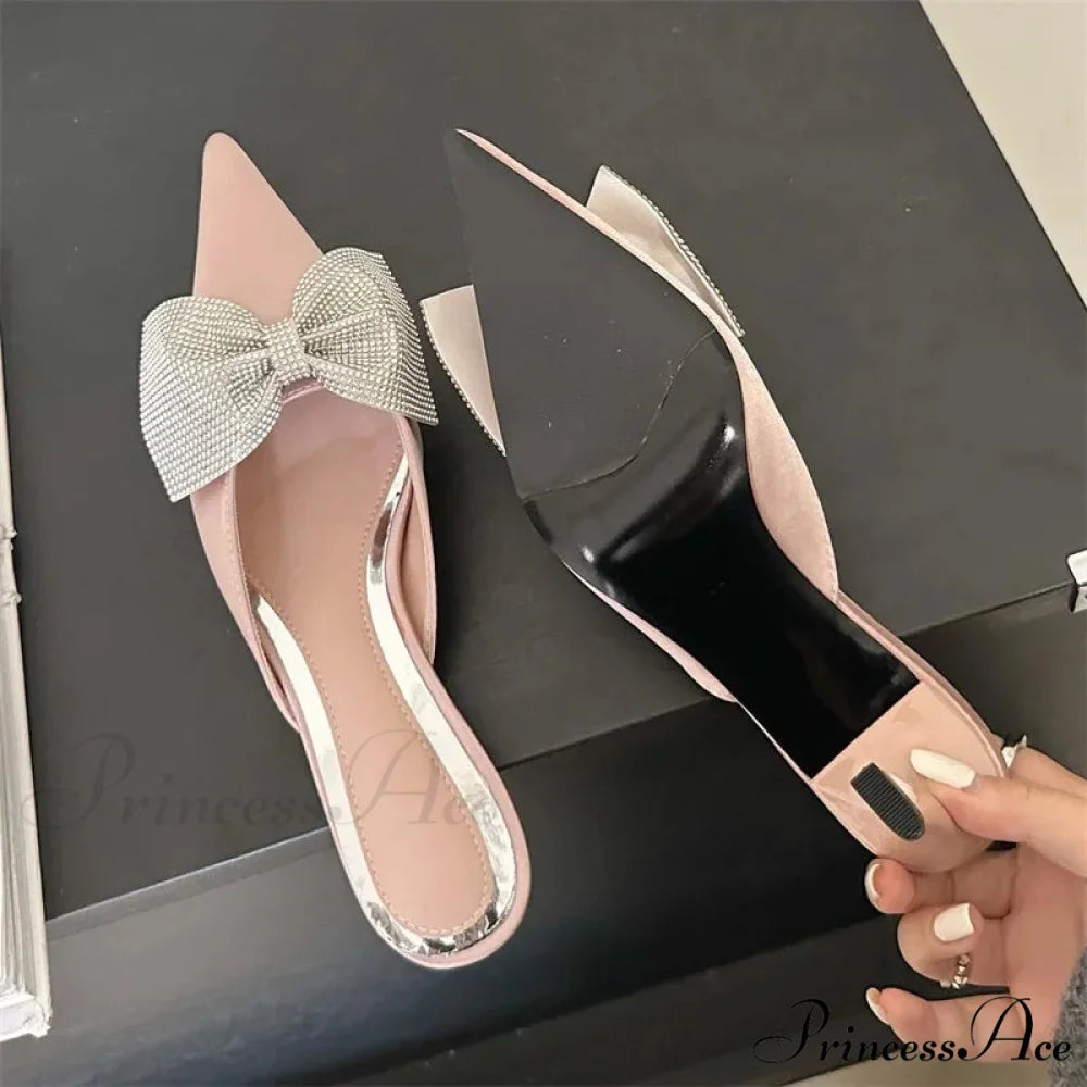 Crystal Butterfly-knot Pointed Elegant Thin Summer Sandals Low Heel Pump Pink / 35
