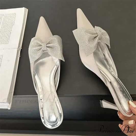 Crystal Butterfly-knot Pointed Elegant Thin Summer Sandals Low Heel Pump Silver / 35
