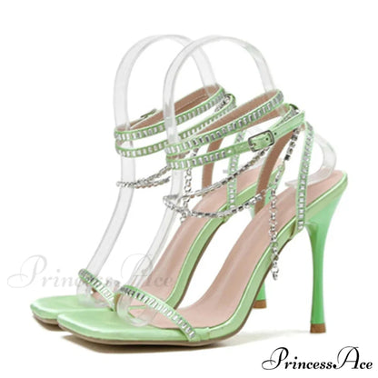 Crystal Chain Ankle-Strap Square-Toe Sexy Party Wedding Rhinestone Summer High Heel Green / 35