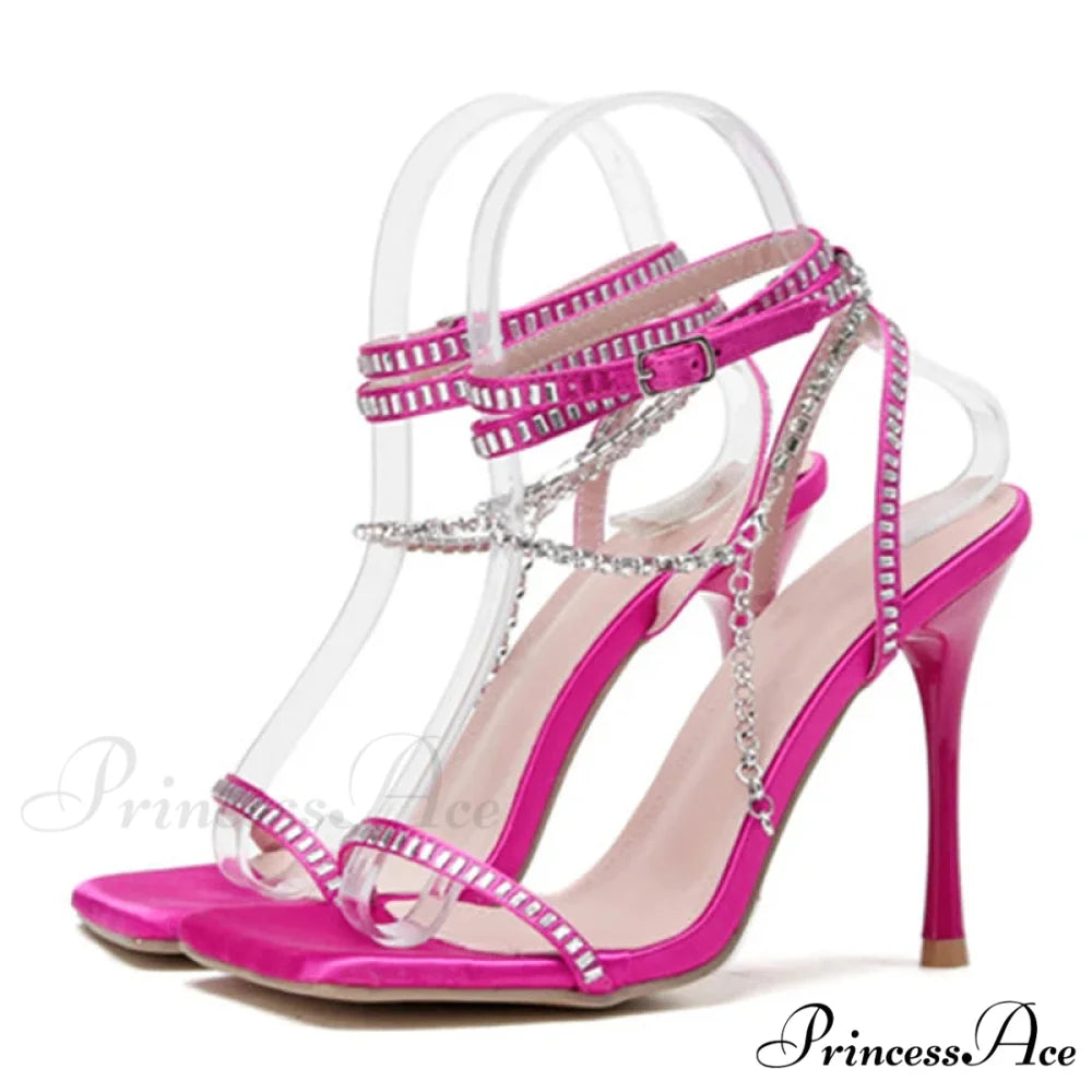 Crystal Chain Ankle-Strap Square-Toe Sexy Party Wedding Rhinestone Summer High Heel Mei red / 35