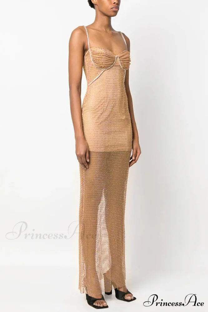Crystal Embellished Stylish Fishnet Maxi Dress