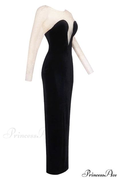 Crystal Mesh Long Charming Sleeve Velvet Dress