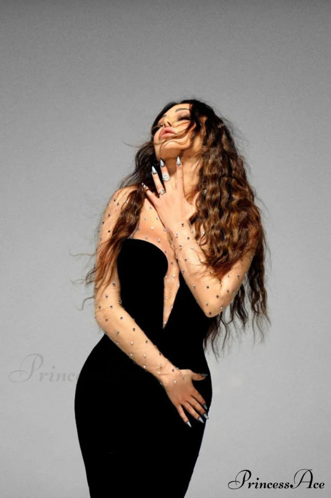 Crystal Mesh Long Charming Sleeve Velvet Dress