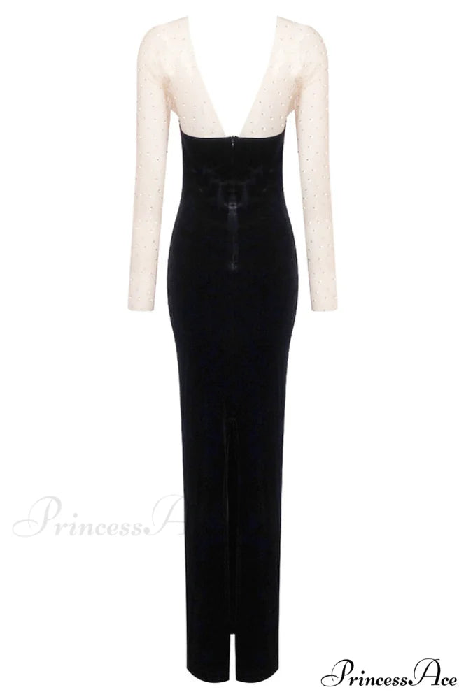 Crystal Mesh Long Charming Sleeve Velvet Dress