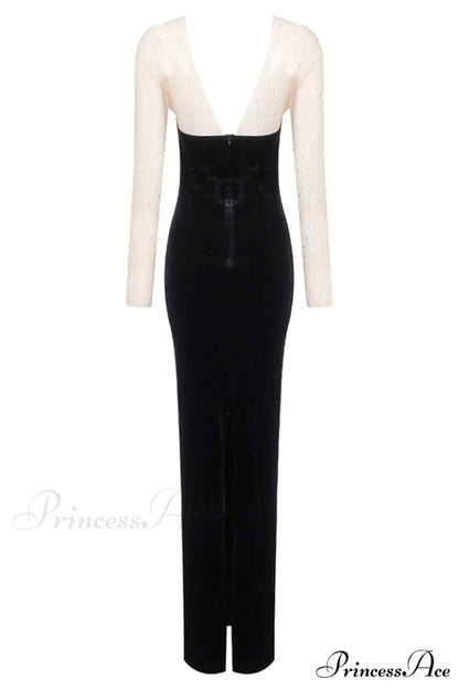 Crystal Mesh Long Charming Sleeve Velvet Dress
