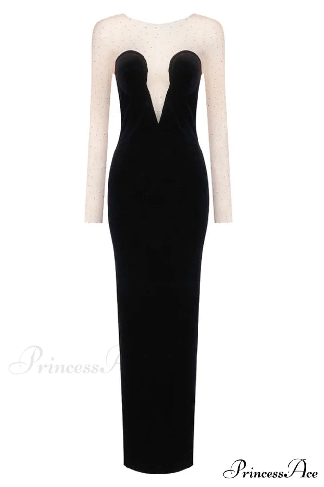 Crystal Mesh Long Charming Sleeve Velvet Dress XS / Black