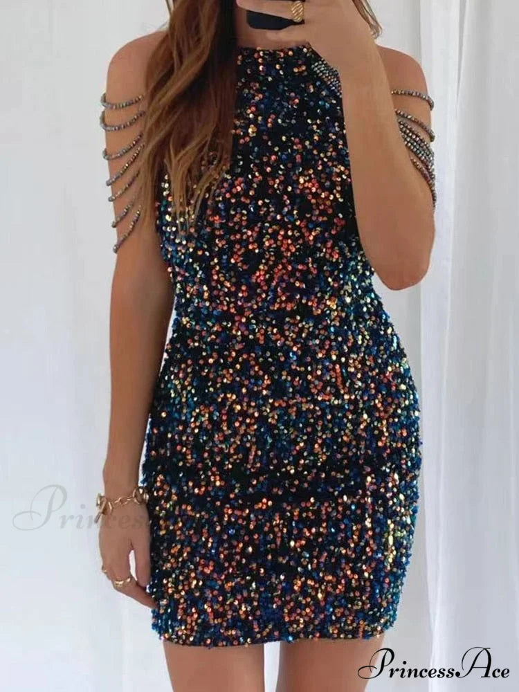 Crystal Tassel Bag Hip Dress Sexy Glitter Sequins Hanging Neck Mini Dress 01 Black / S