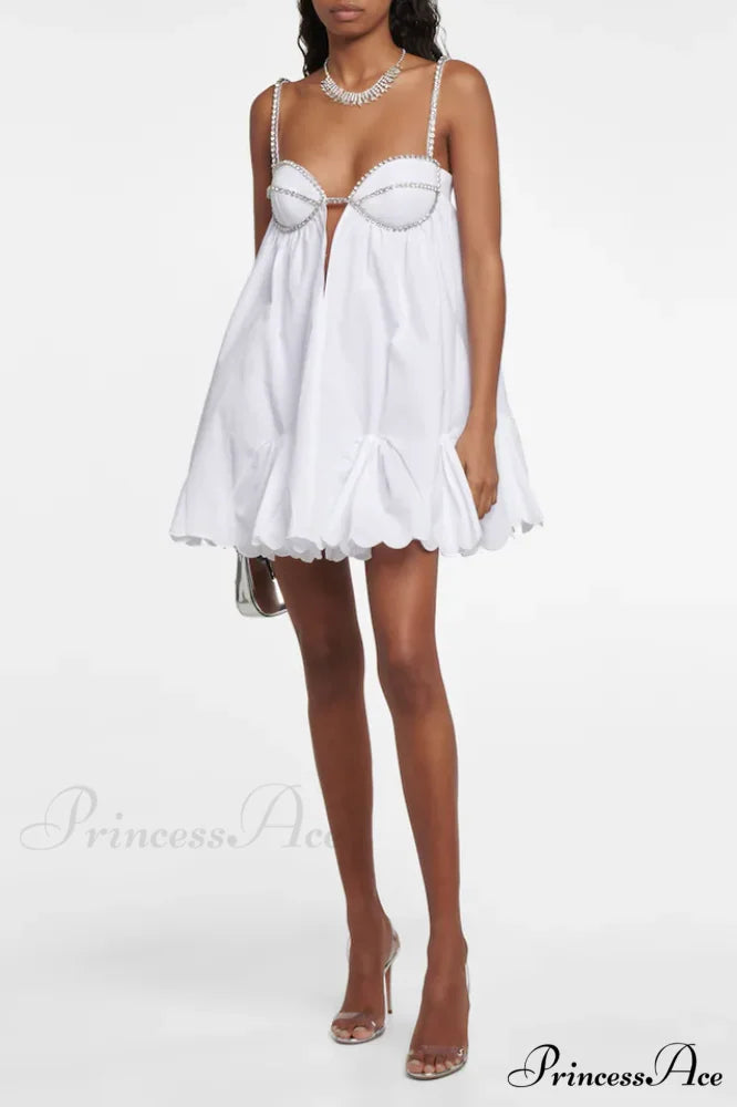 Crystal Trimmed Stylish Scallop Mini Dress