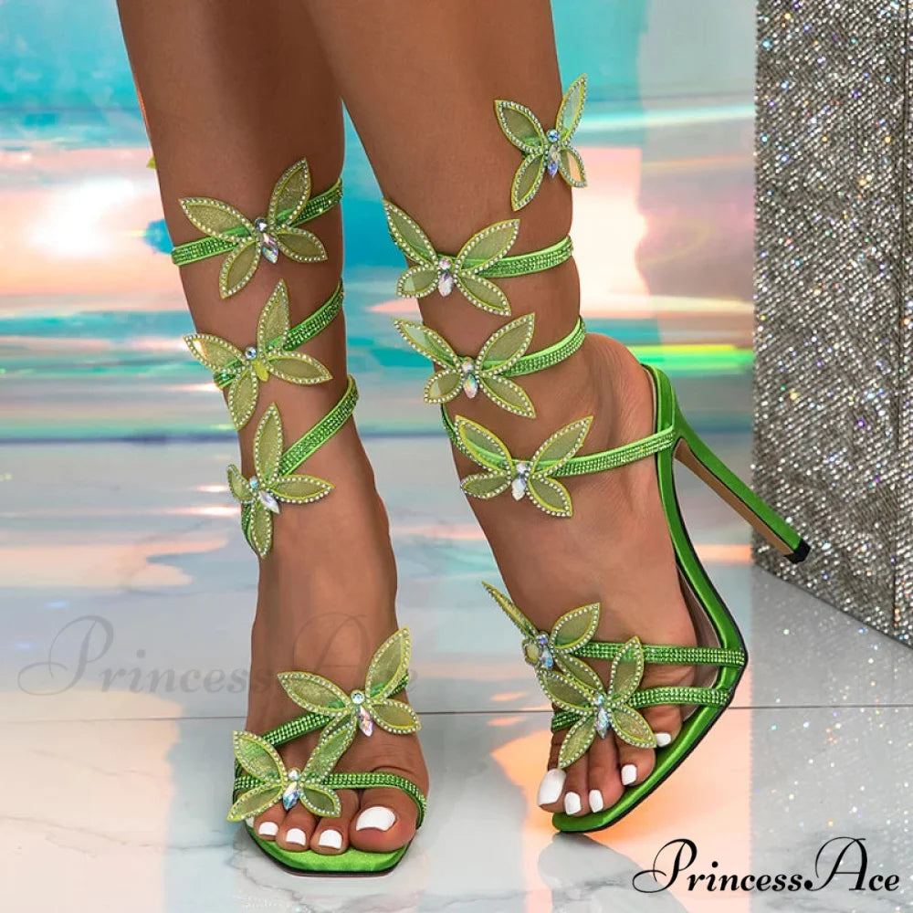 CrystalFashion Elegant Green Square-Toe Wedding Banquet Sexy Butterfly Ankle-Strap Sandals High Heel Green / 36