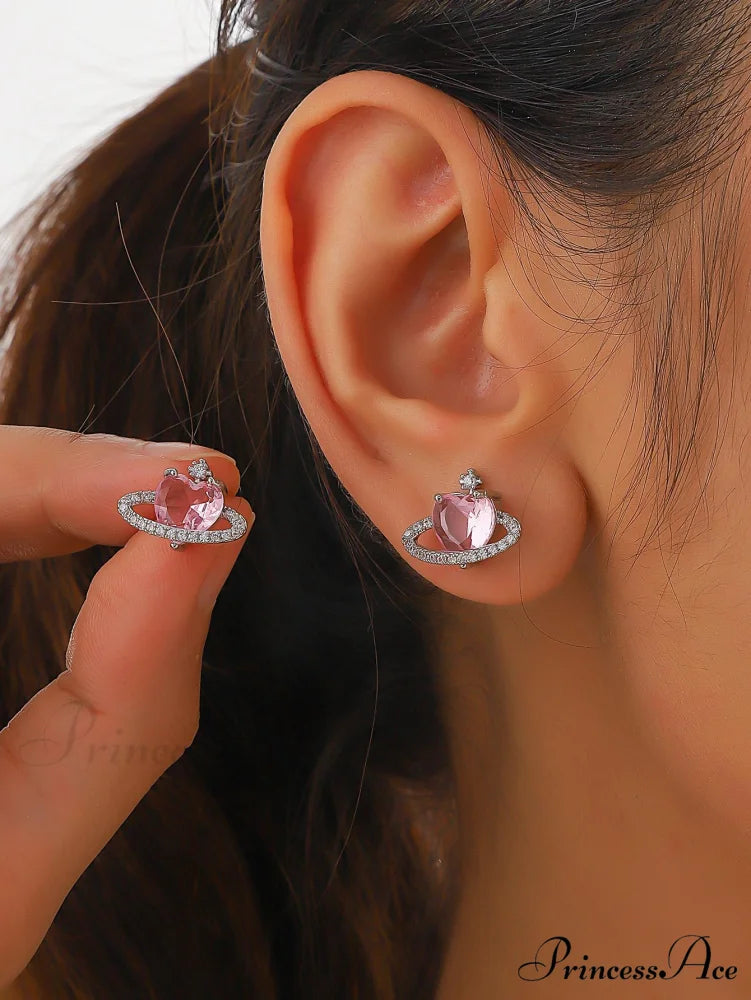 Cubic Zirconia Heart Shaped Stud Earrings Baby Pink / one-size