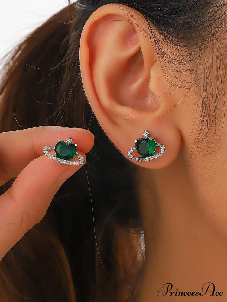 Cubic Zirconia Heart Shaped Stud Earrings Green / one-size