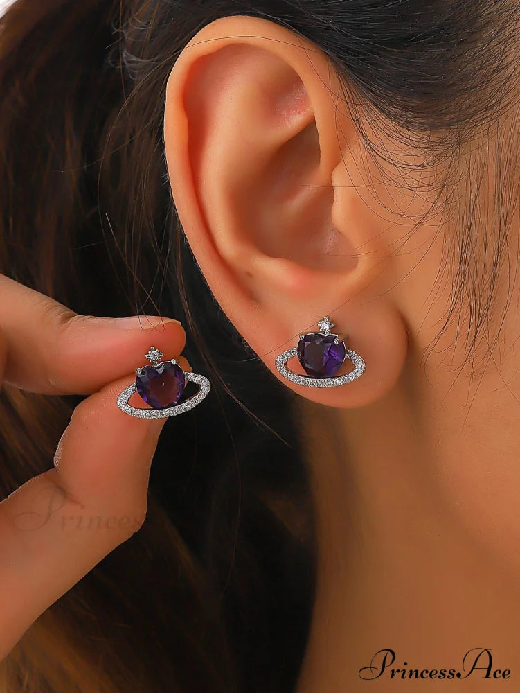 Cubic Zirconia Heart Shaped Stud Earrings Purple / one-size