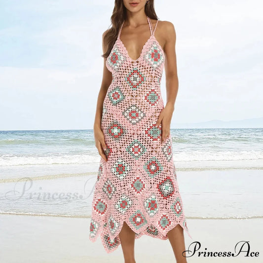 Cultural Design Woven Crochet Bohemian Dress Pink / XS bohodress-250126