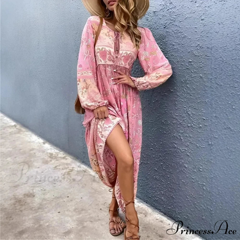Cultural Rose Flower Pattern Neck Tie Fringe Pleated Maxi Bohemian Dress Pink / S bohodress-250126