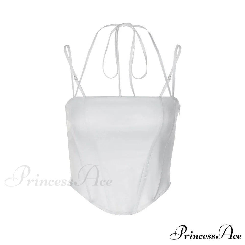 Curved Hem Lace Up Modern Halter Crop Top - White M / White