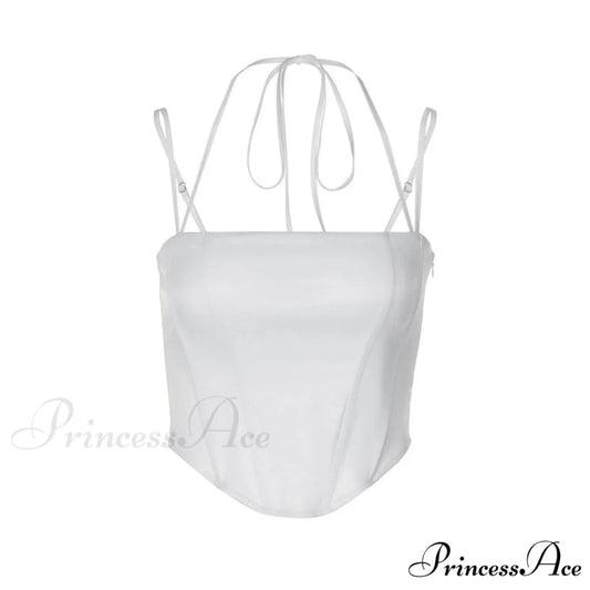 Curved Hem Lace Up Modern Halter Crop Top - White M / White