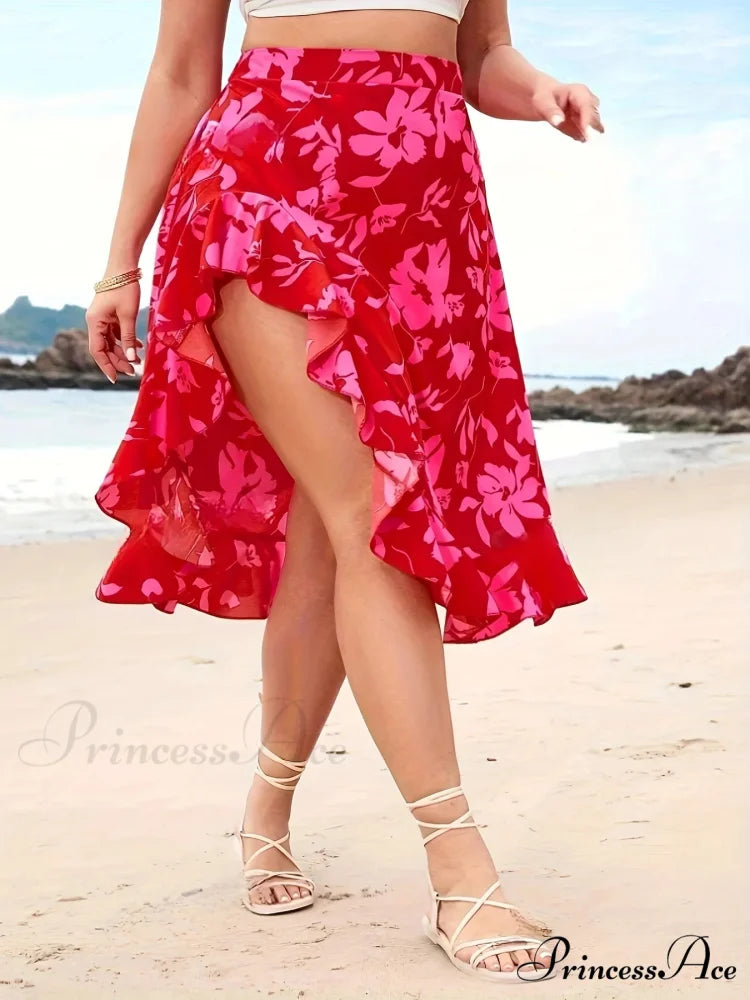 Curvy Floral Split High Rise Holiday Skirt skirt-250126