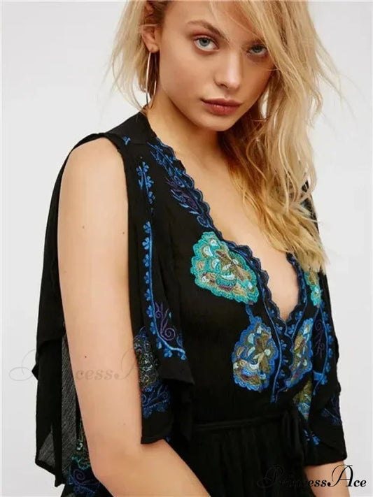 Curvy Size Button Up Chiffon Festive Boho Dress Black / S bohodress-250126