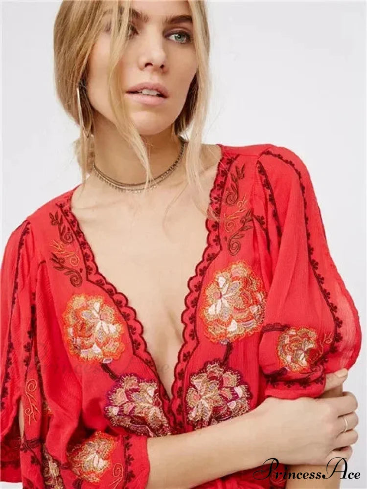 Curvy Size Button Up Chiffon Festive Boho Dress Red / S bohodress-250126