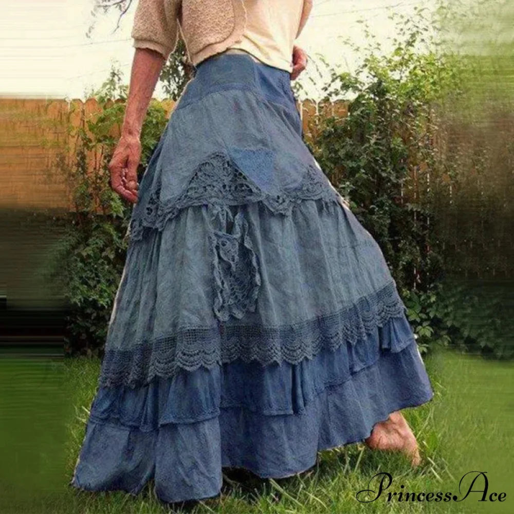 Curvy Women’s Summer Retro Frills Oversized Lace Maxi Skirts Blue / S skirt-250126