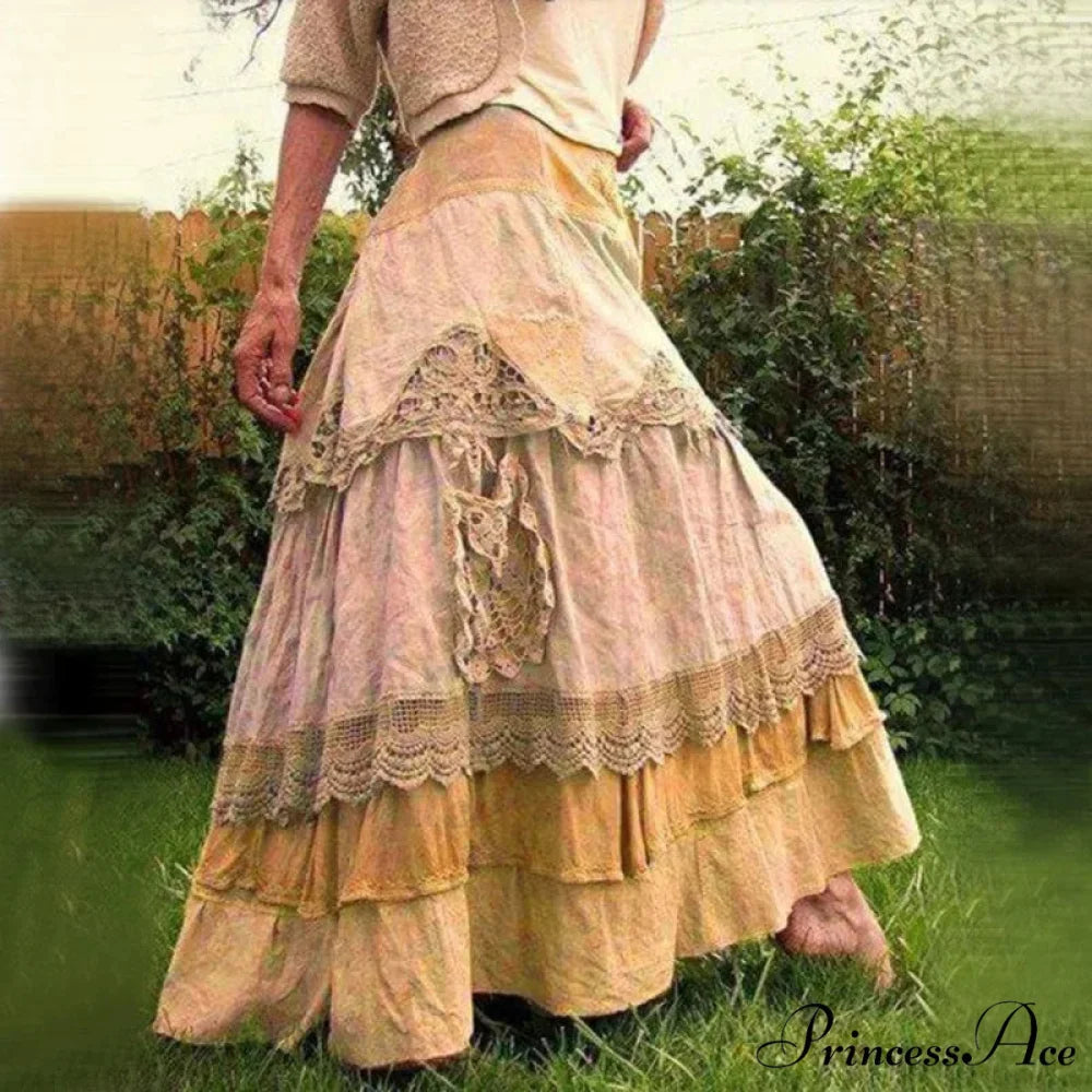 Curvy Women’s Summer Retro Frills Oversized Lace Maxi Skirts Yellow / S skirt-250126