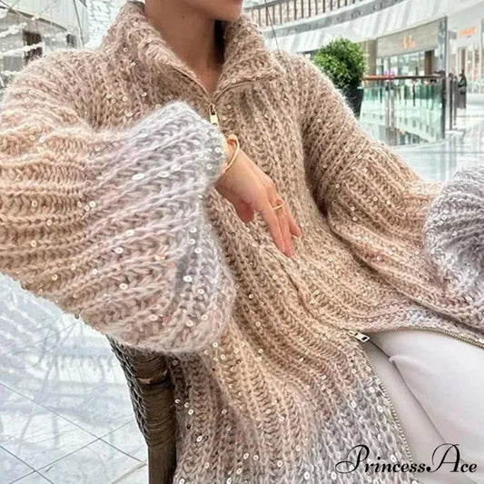 Customizable Sequin Wool Cardigan Khaki / S