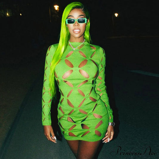 Cut Out Crew Neck Long Sleeve Sophisticated Bodycon Party Mini Dress - Black S / Green