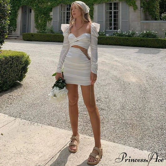 Cut Out Graceful Puff Sleeve Dress M / White