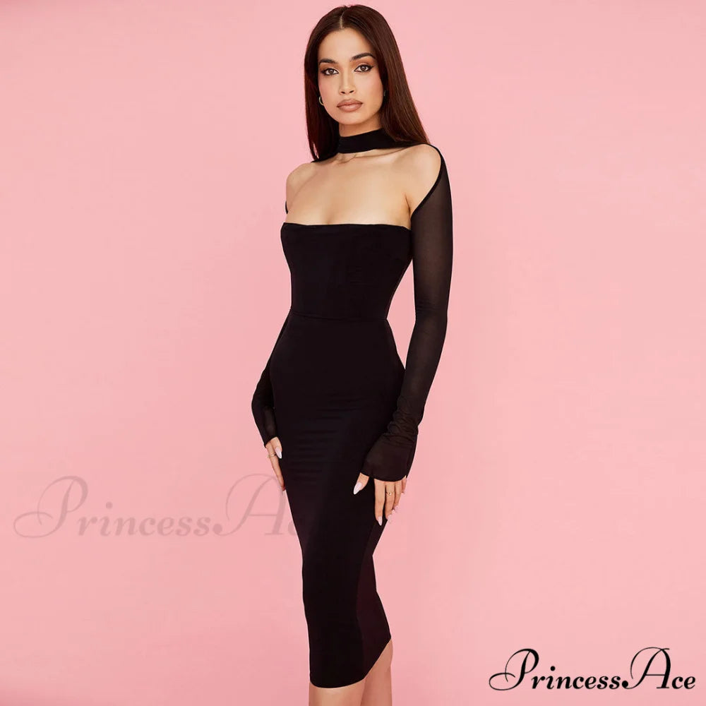 Cut Out Long Sleeve Mesh Classic Bodycon Cocktail Midi Dress - White L / Black