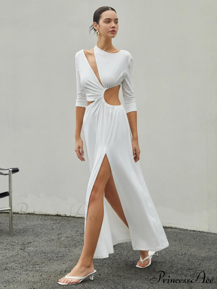 Cut Out Ruched Trendy Split Knit Maxi Dress White / XS