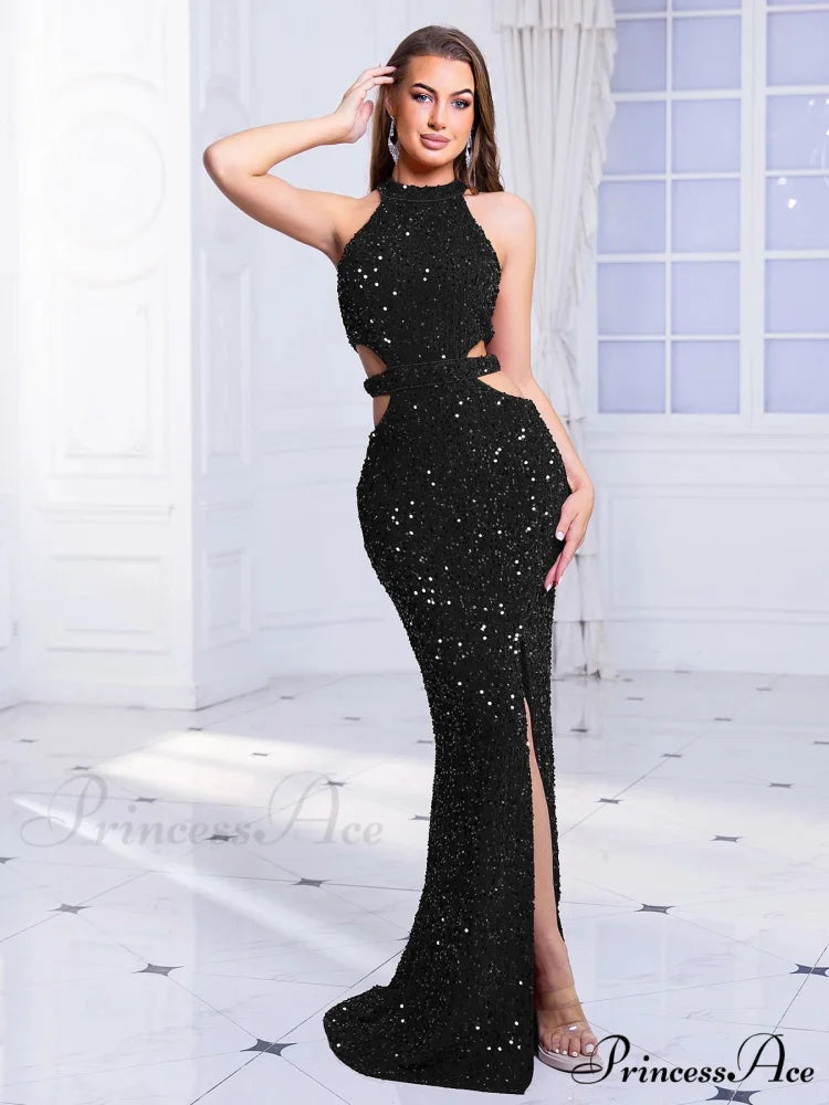 Cut-Out Sequined Party Dress Black / S