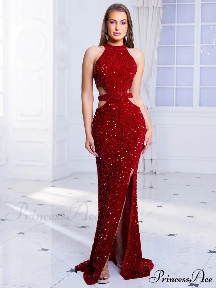 Cut-Out Sequined Party Dress Red / S