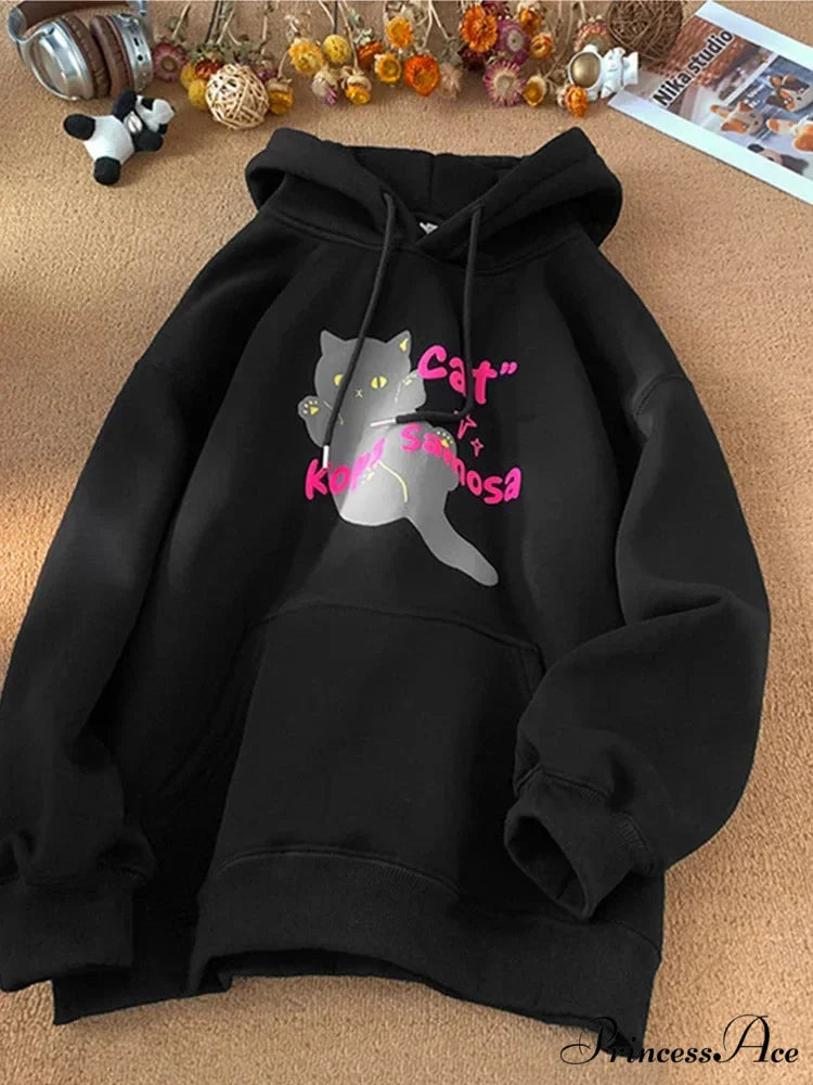 Cute Anime Feline Graphic Vintage Hoodie Black / M(40-45KG) hoodies-241228