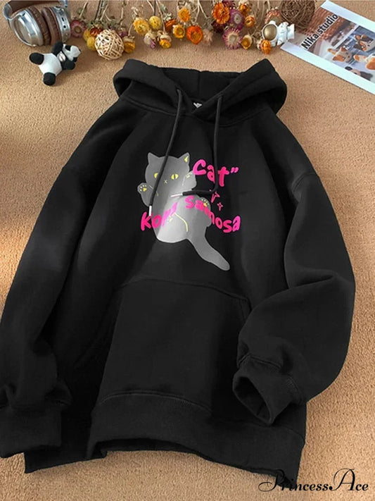 Cute Anime Feline Graphic Vintage Hoodie Black / M(40-45KG) hoodies-241228