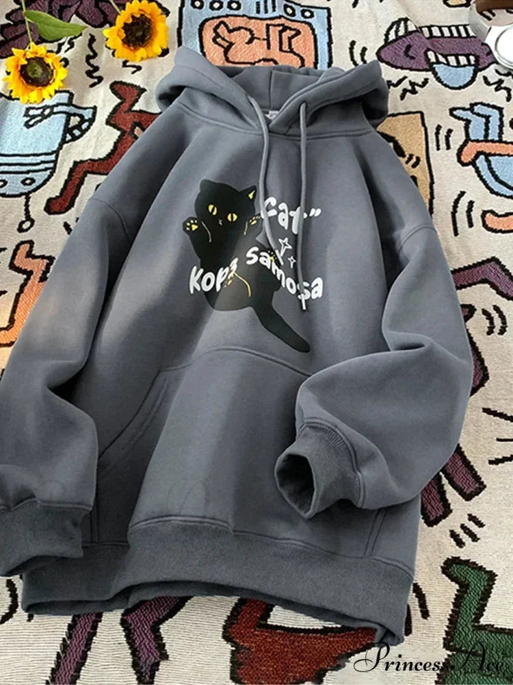 Cute Anime Feline Graphic Vintage Hoodie Dark Grey / M(40-45KG) hoodies-241228