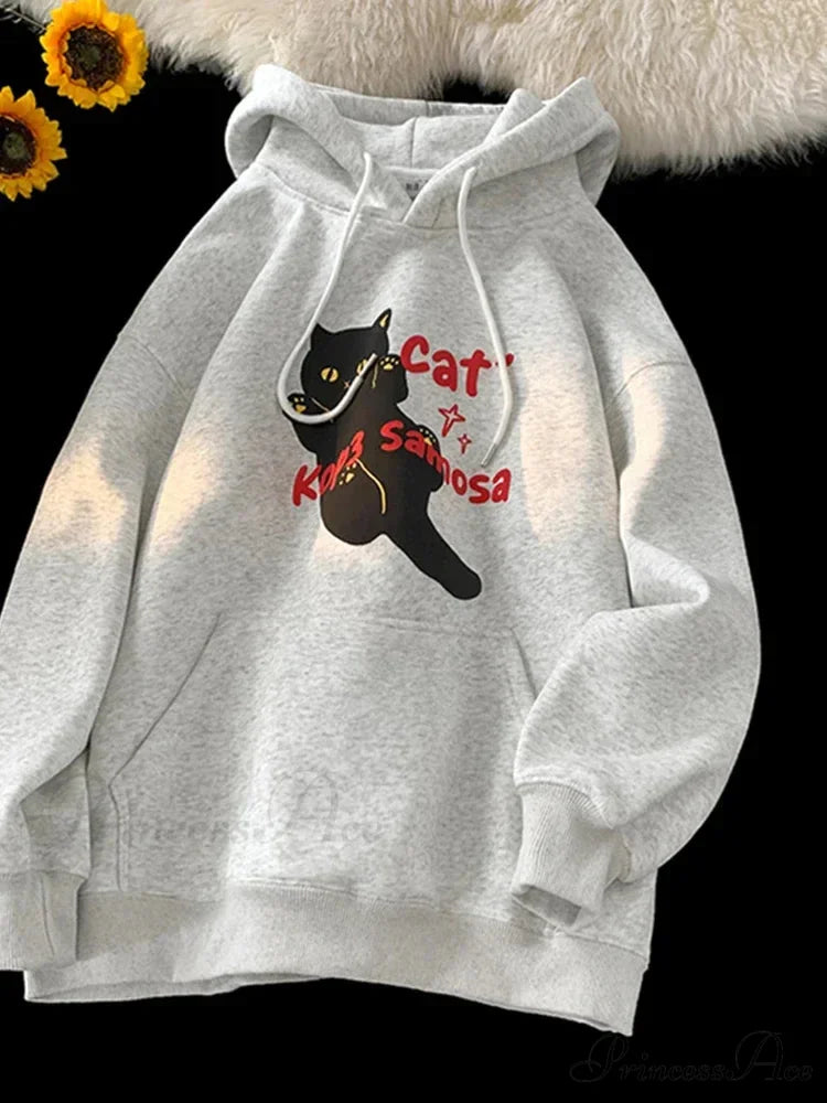 Cute Anime Feline Graphic Vintage Hoodie GRAY / M(40-45KG) hoodies-241228