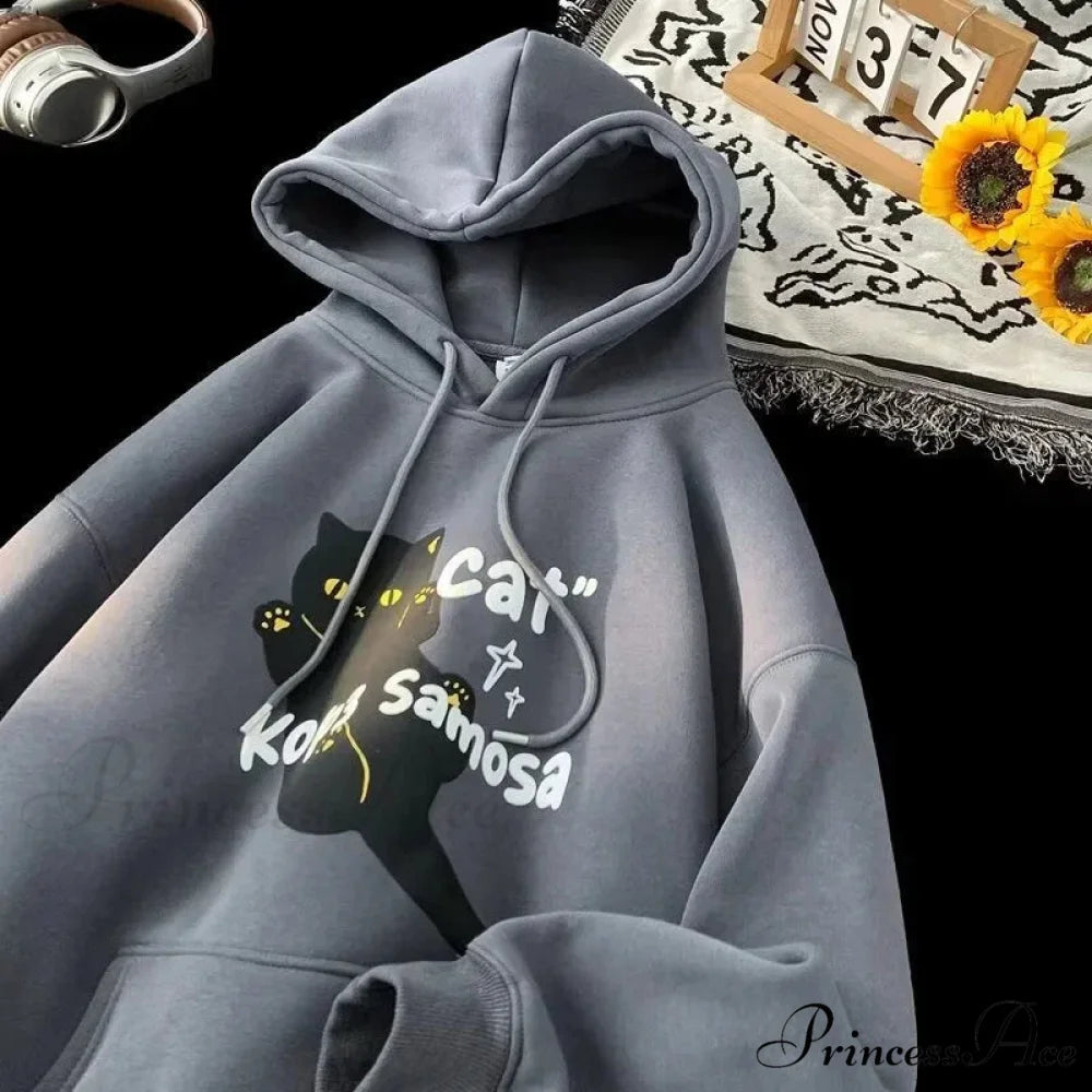 Cute Anime Feline Graphic Vintage Hoodie hoodies-241228