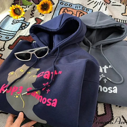 Cute Anime Feline Graphic Vintage Hoodie hoodies-241228