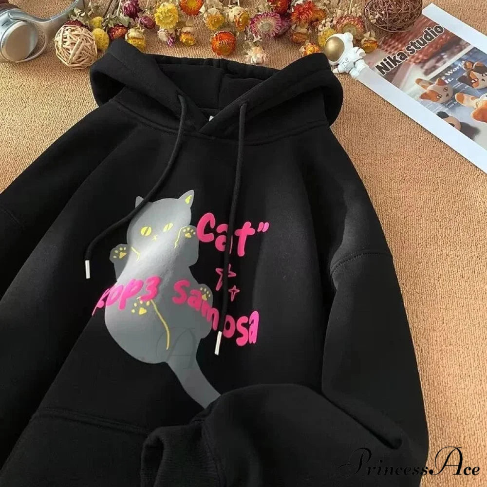 Cute Anime Feline Graphic Vintage Hoodie hoodies-241228