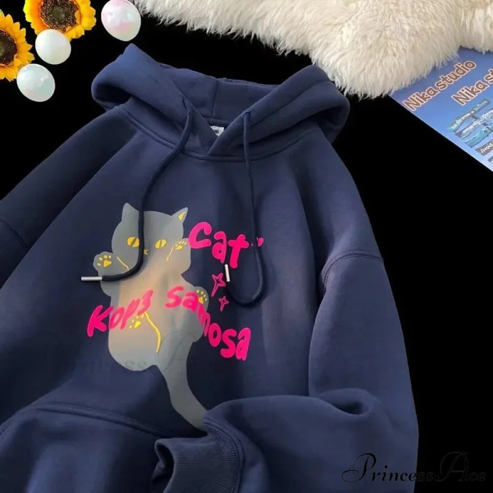 Cute Anime Feline Graphic Vintage Hoodie hoodies-241228