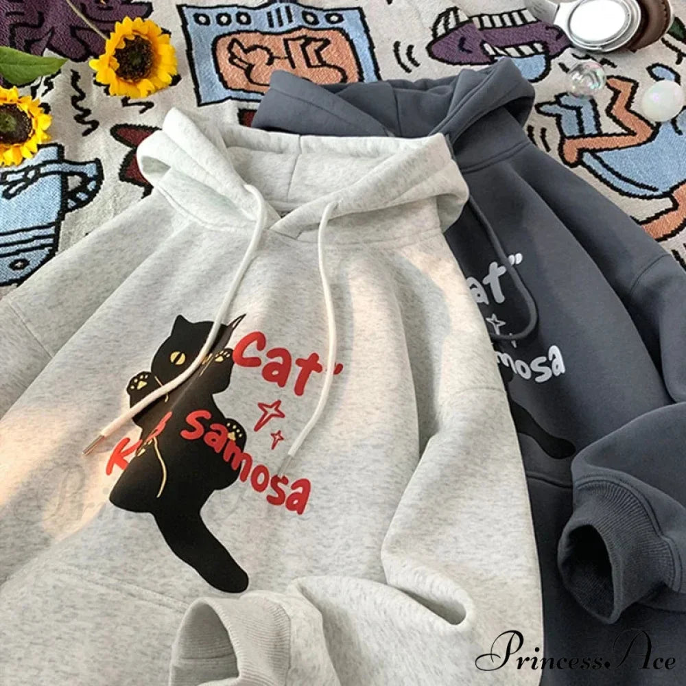 Cute Anime Feline Graphic Vintage Hoodie hoodies-241228