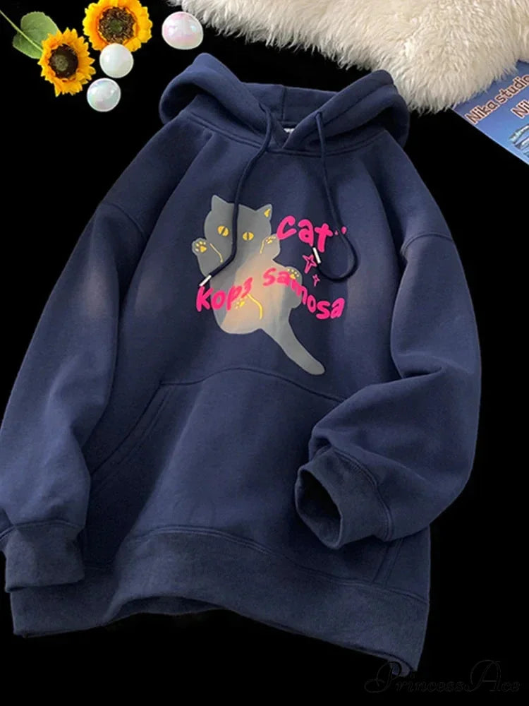 Cute Anime Feline Graphic Vintage Hoodie Navy Blue / M(40-45KG) hoodies-241228