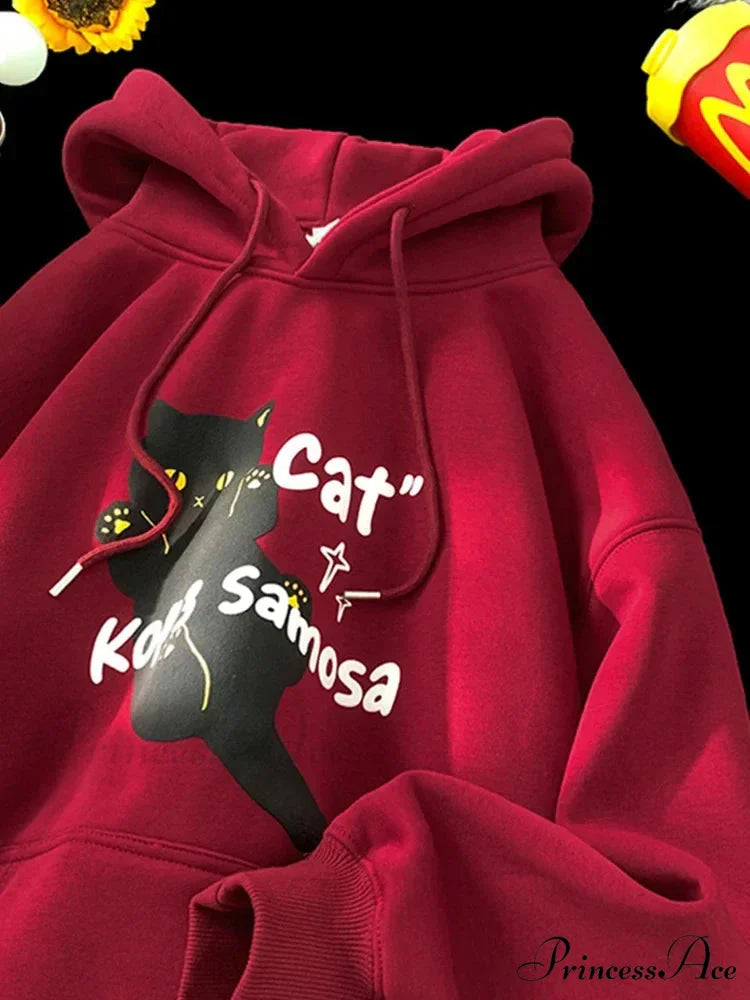 Cute Anime Feline Graphic Vintage Hoodie Red / M(40-45KG) hoodies-241228